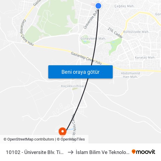 10102 - Üniversite Blv. Tip Fakültesi Hst. to İslam Bilim Ve Teknoloji Üniversitesi map