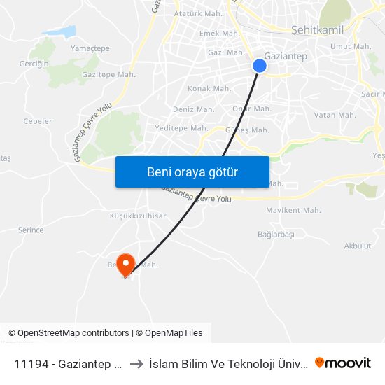 11194 - Gaziantep Lisesi to İslam Bilim Ve Teknoloji Üniversitesi map