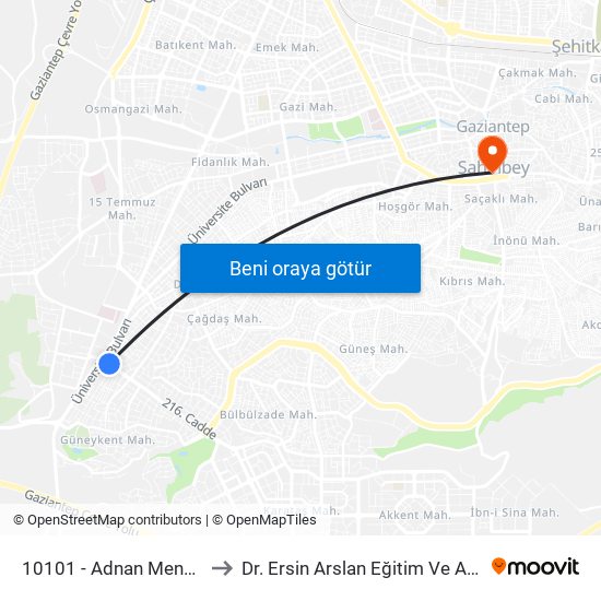 10101 - Adnan Menderes Blv. Gazü to Dr. Ersin Arslan Eğitim Ve Araştırma Hastanesi map