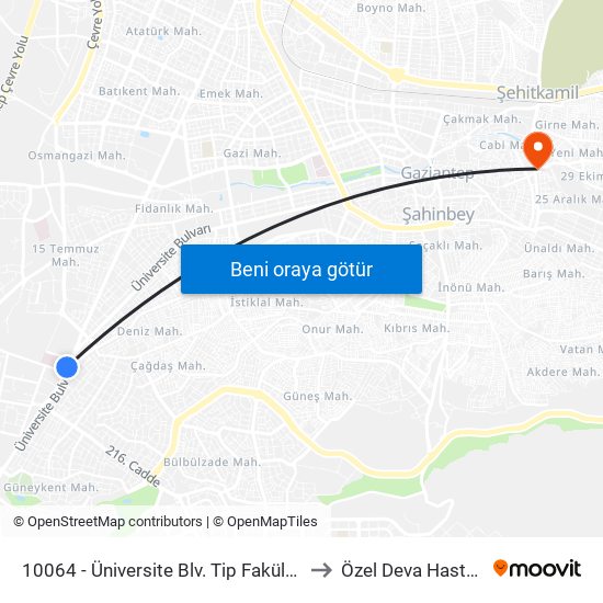 10064 - Üniversite Blv. Tip Fakültesi Önü to Özel Deva Hastanesi map