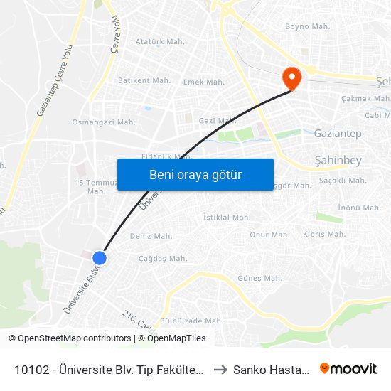 10102 - Üniversite Blv. Tip Fakültesi Hst. to Sanko Hastanesi map