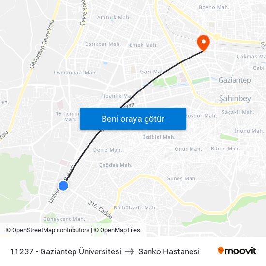 11237 - Gaziantep Üniversitesi to Sanko Hastanesi map