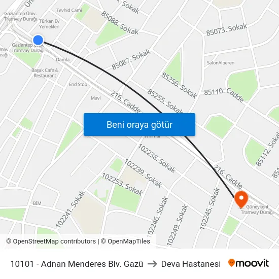 10101 - Adnan Menderes Blv. Gazü to Deva Hastanesi map