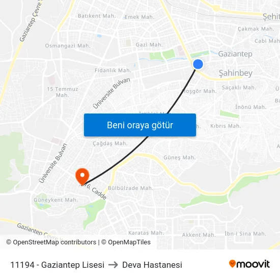 11194 - Gaziantep Lisesi to Deva Hastanesi map