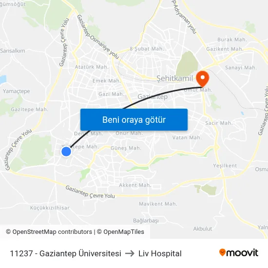11237 - Gaziantep Üniversitesi to Liv Hospital map