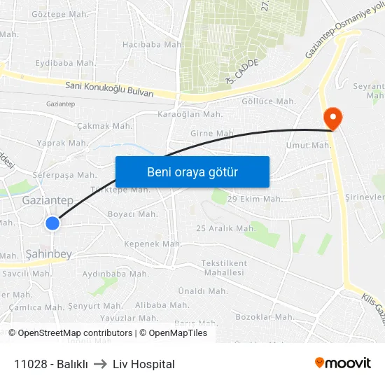 11028 - Balıklı to Liv Hospital map
