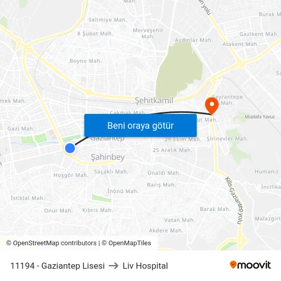11194 - Gaziantep Lisesi to Liv Hospital map