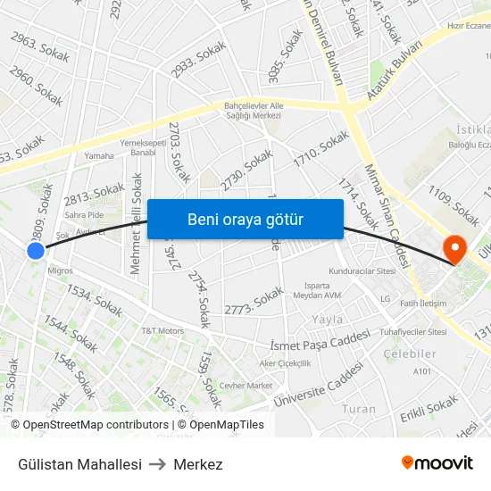 Gülistan Mahallesi to Merkez map