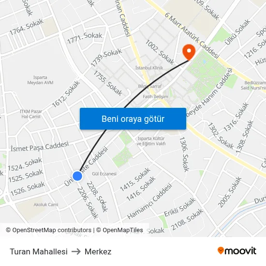 Turan Mahallesi to Merkez map