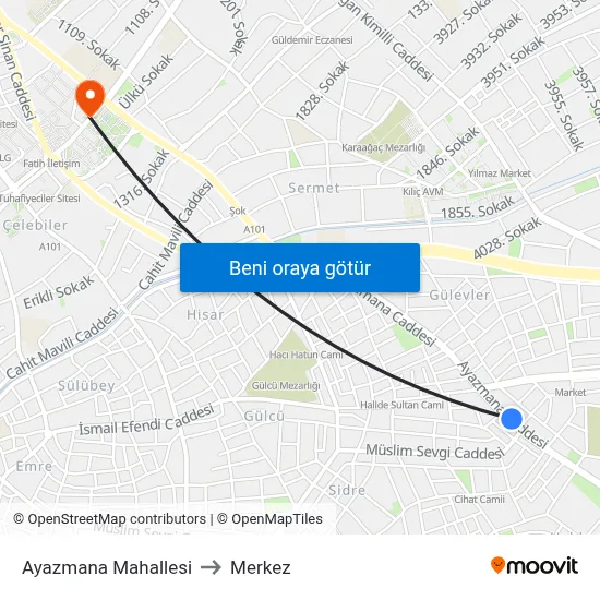 Ayazmana Mahallesi to Merkez map