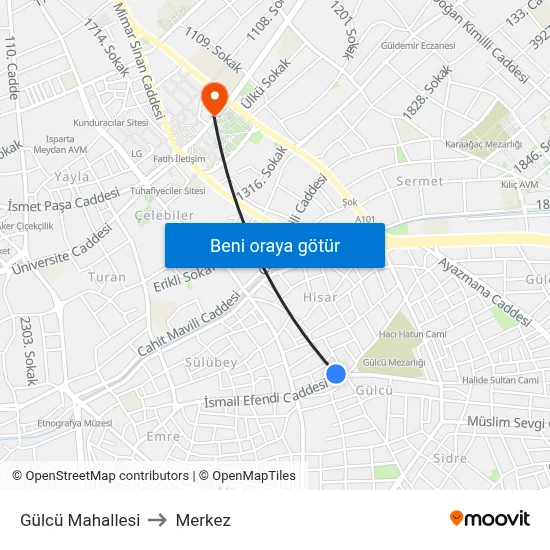 Gülcü Mahallesi to Merkez map