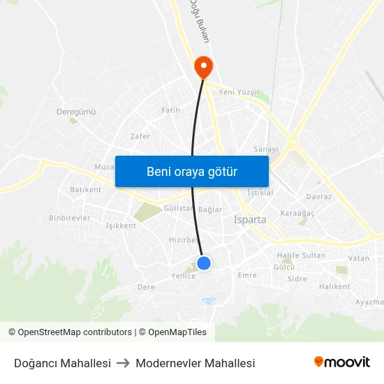 Doğancı Mahallesi to Modernevler Mahallesi map