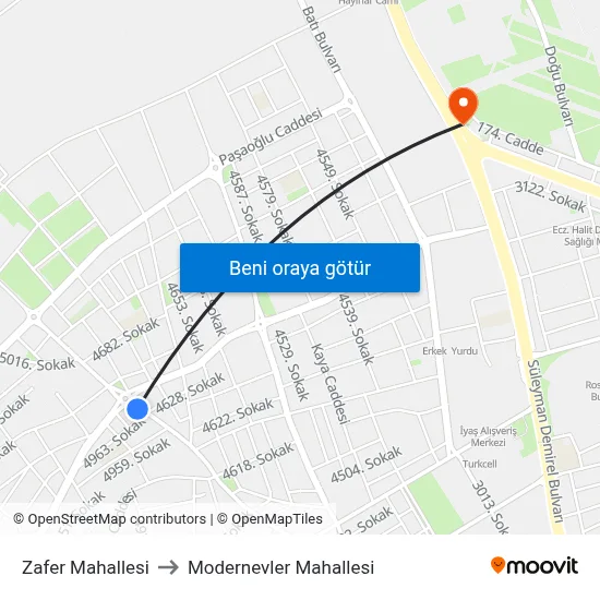 Zafer Mahallesi to Modernevler Mahallesi map