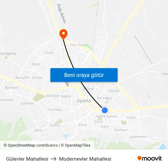 Gülevler Mahallesi to Modernevler Mahallesi map