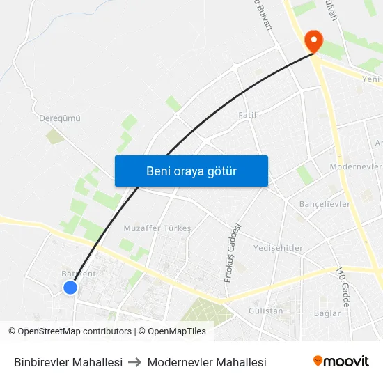 Binbirevler Mahallesi to Modernevler Mahallesi map