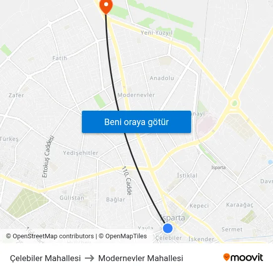 Çelebiler Mahallesi to Modernevler Mahallesi map