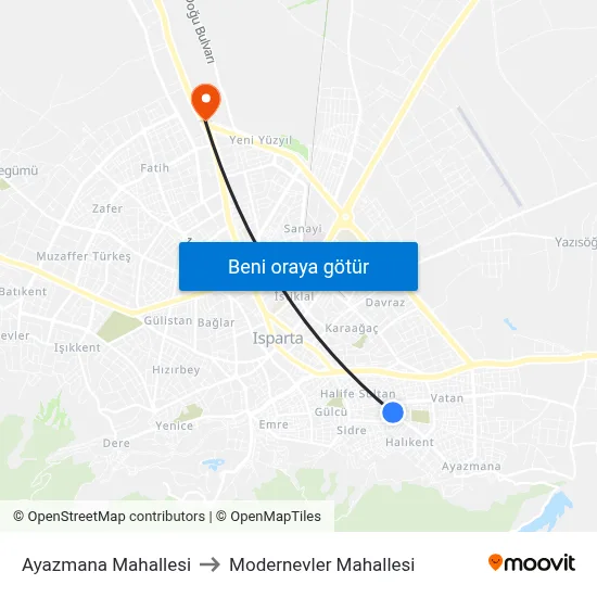 Ayazmana Mahallesi to Modernevler Mahallesi map