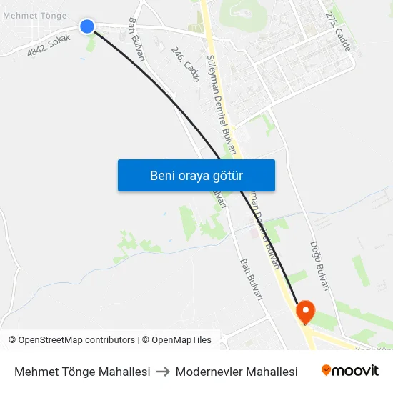 Mehmet Tönge Mahallesi to Modernevler Mahallesi map