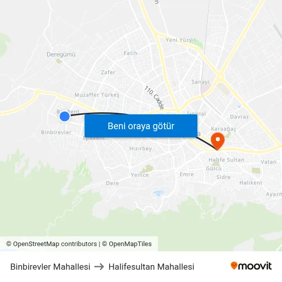 Binbirevler Mahallesi to Halifesultan Mahallesi map