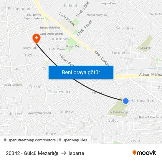 20342 - Gülcü Mezarlığı to Isparta map