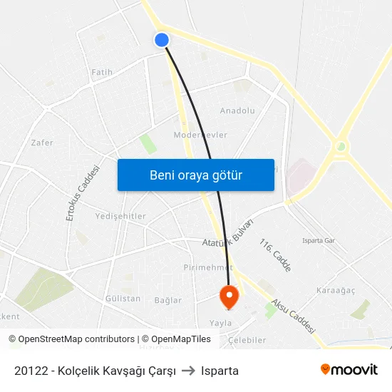 20122 - Kolçelik Kavşağı Çarşı to Isparta map