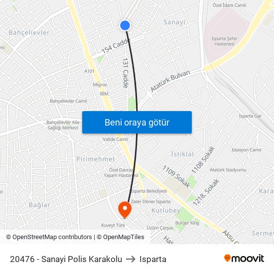 20476 - Sanayi Polis Karakolu to Isparta map