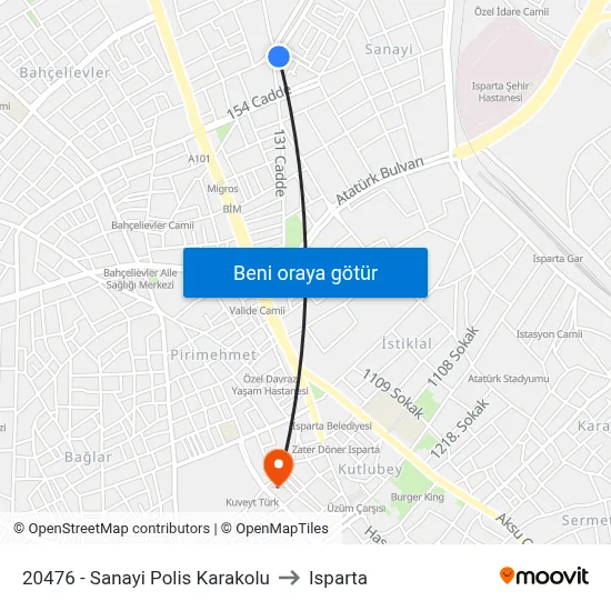 20476 - Sanayi Polis Karakolu to Isparta map