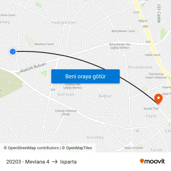 20203 - Mevlana 4 to Isparta map