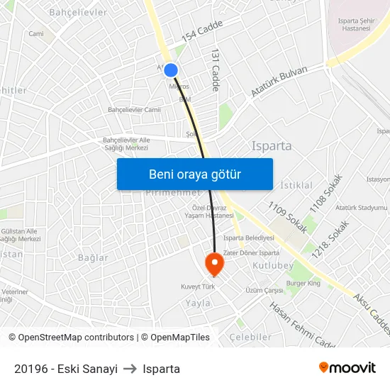 20196 - Eski Sanayi to Isparta map