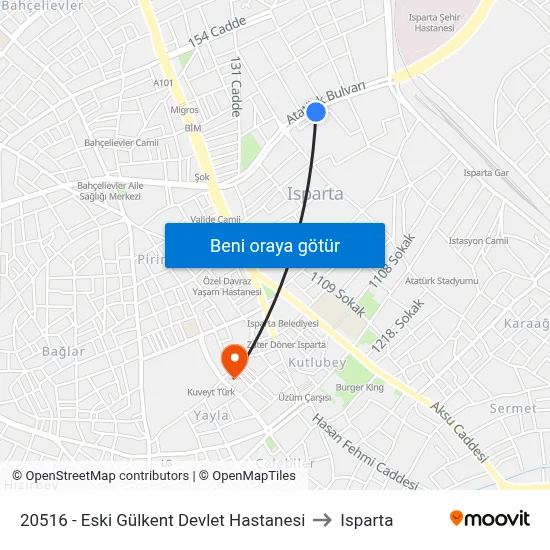 20516 - Eski Gülkent Devlet Hastanesi to Isparta map