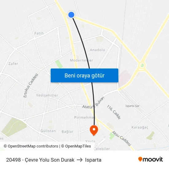 20498 - Çevre Yolu Son Durak to Isparta map