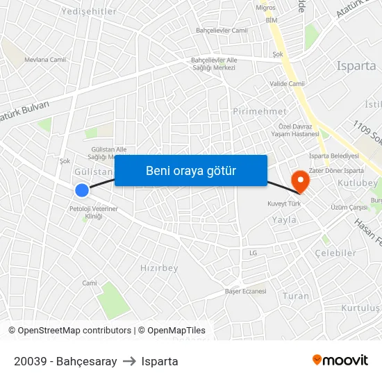 20039 - Bahçesaray to Isparta map