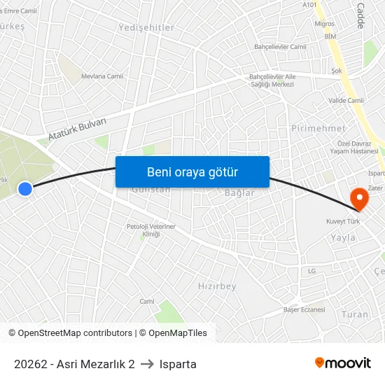 20262 - Asri Mezarlık 2 to Isparta map