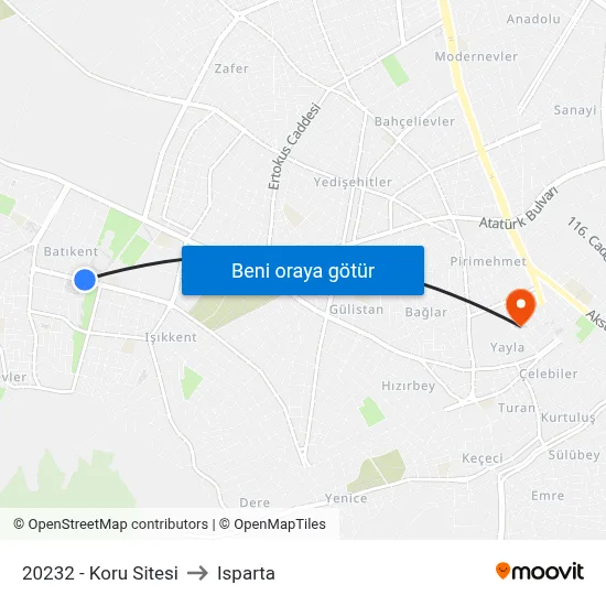 20232 - Koru Sitesi to Isparta map