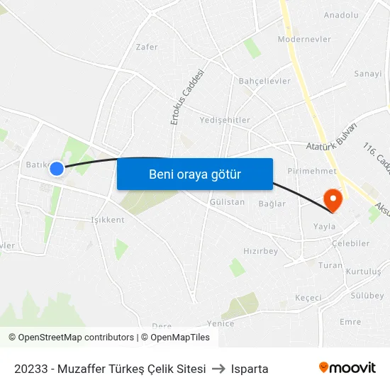 20233 - Muzaffer Türkeş Çelik Sitesi to Isparta map