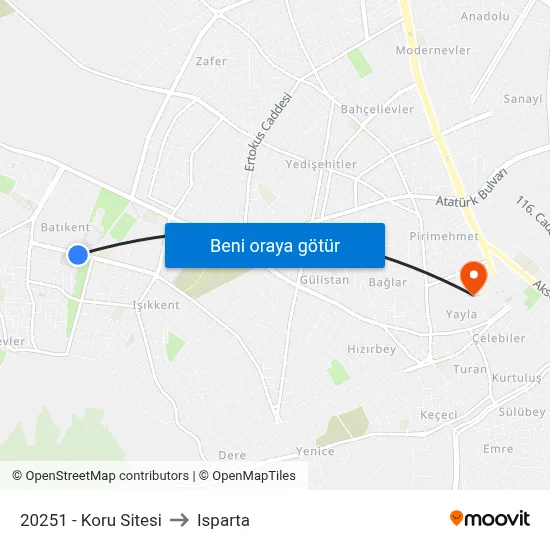20251 - Koru Sitesi to Isparta map