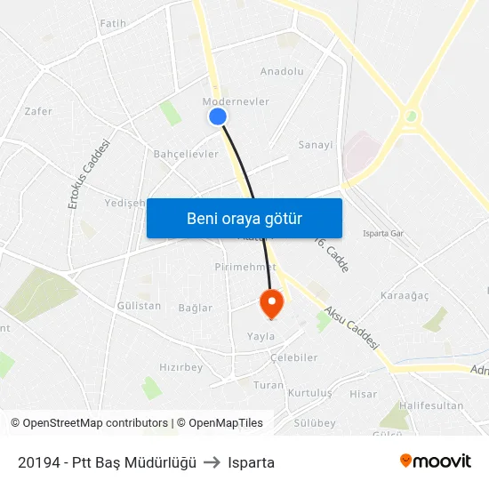 20194 - Ptt Baş Müdürlüğü to Isparta map