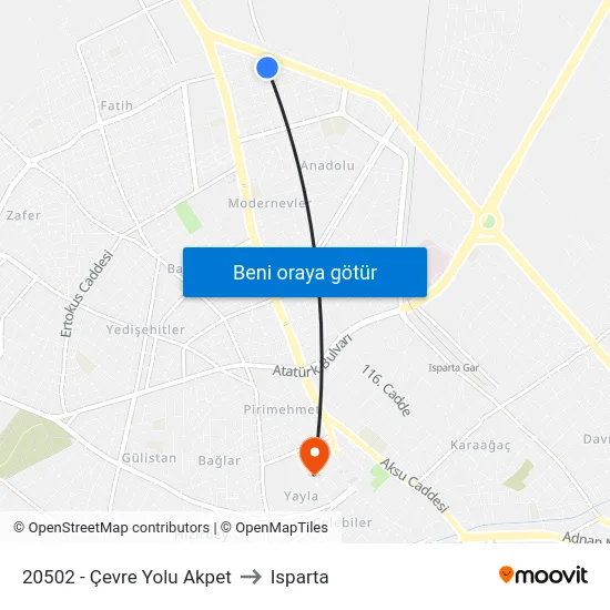 20502 - Çevre Yolu Akpet to Isparta map