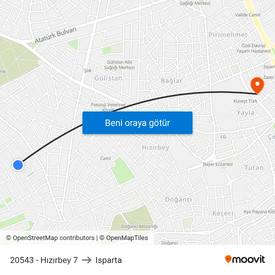 20543 - Hızırbey 7 to Isparta map