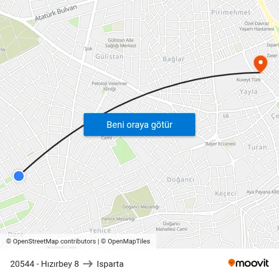 20544 - Hızırbey 8 to Isparta map
