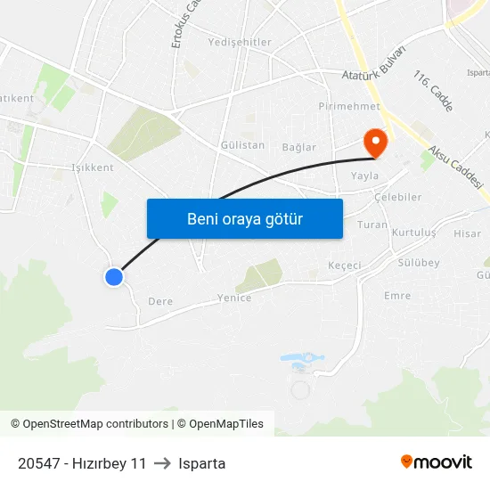 20547 - Hızırbey 11 to Isparta map