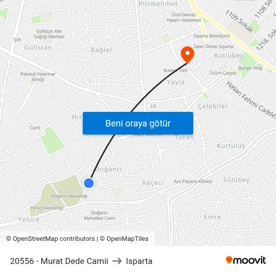 20556 - Murat Dede Camii to Isparta map