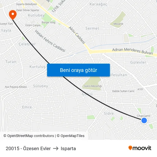 20015 - Özesen Evler to Isparta map