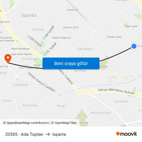 20585 - Ada Toptan to Isparta map