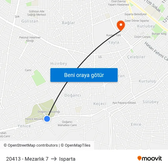 20413 - Mezarlık 7 to Isparta map