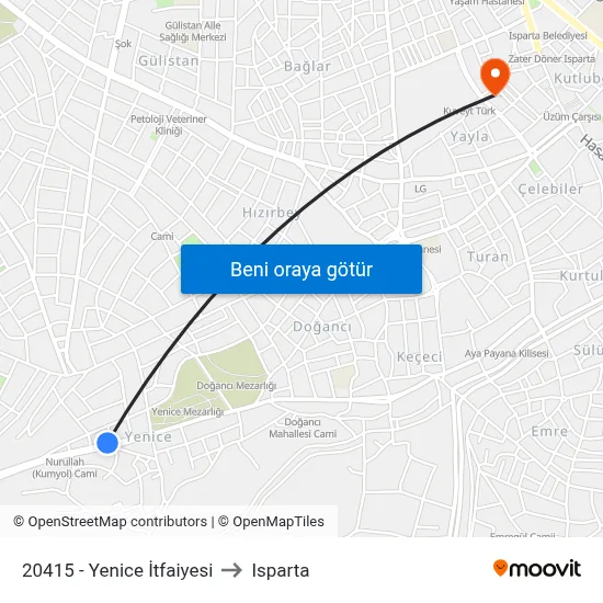 20415 - Yenice İtfaiyesi to Isparta map