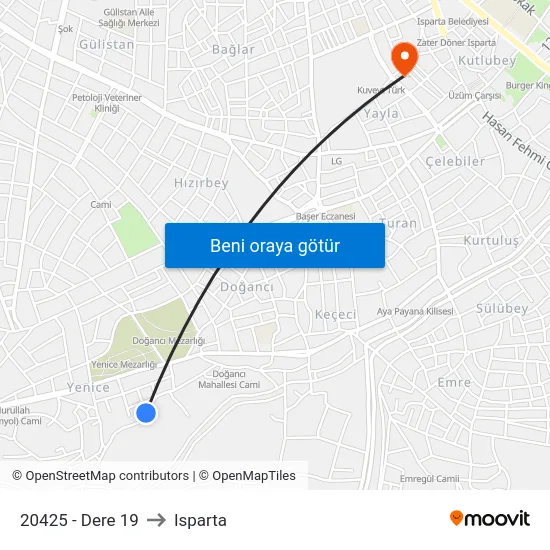 20425 - Dere 19 to Isparta map