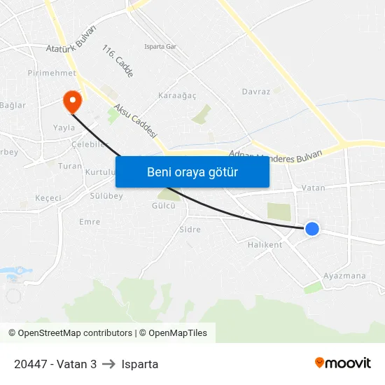 20447 - Vatan 3 to Isparta map