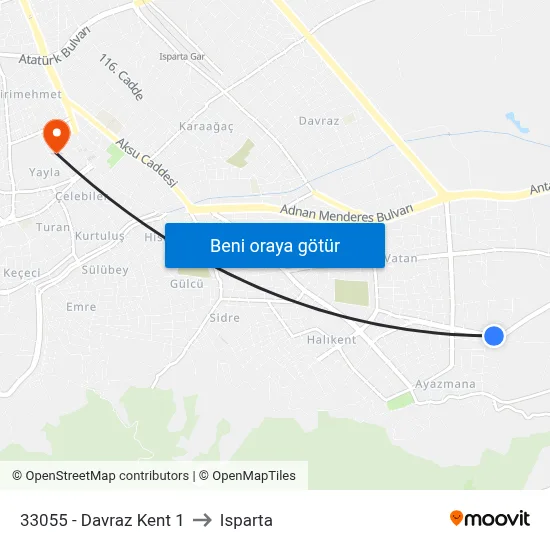 33055 - Davraz Kent 1 to Isparta map