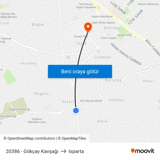 20386 - Gökçay Kavşağı to Isparta map